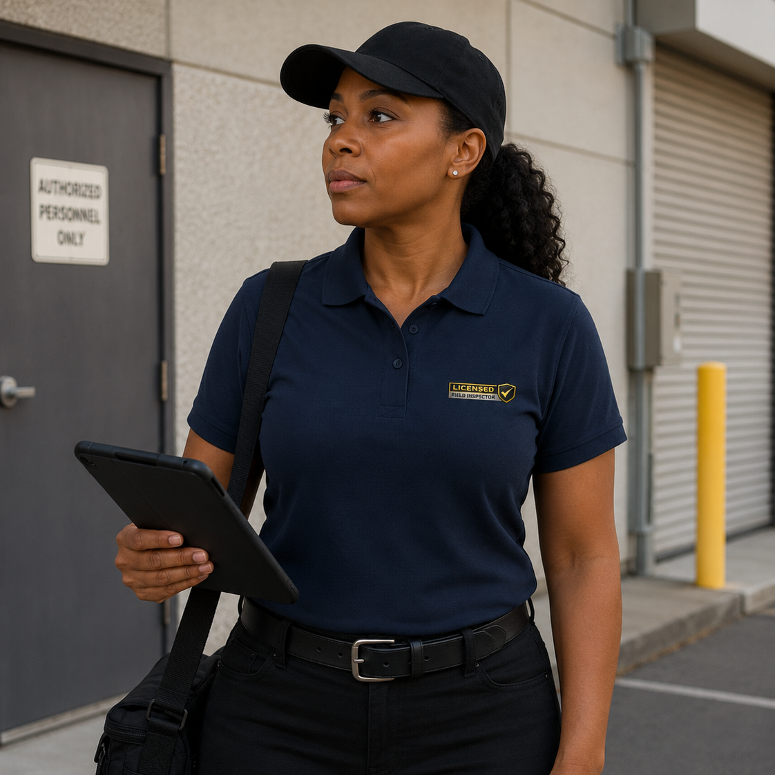 Field inspector wearing the Licensed Field Inspector Unisex Pique Polo Shirt during a commercial property inspection, featuring a premium DTFLEX printed logo.