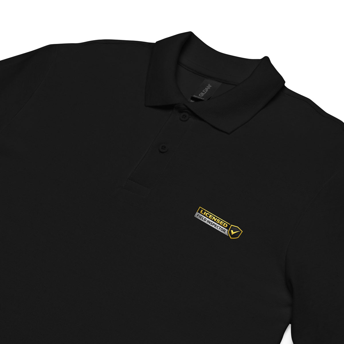 Close-up of the premium DTFLEX printed Licensed Field Inspector logo on the Unisex Pique Polo Shirt, highlighting the sharp print detail and professional finish.