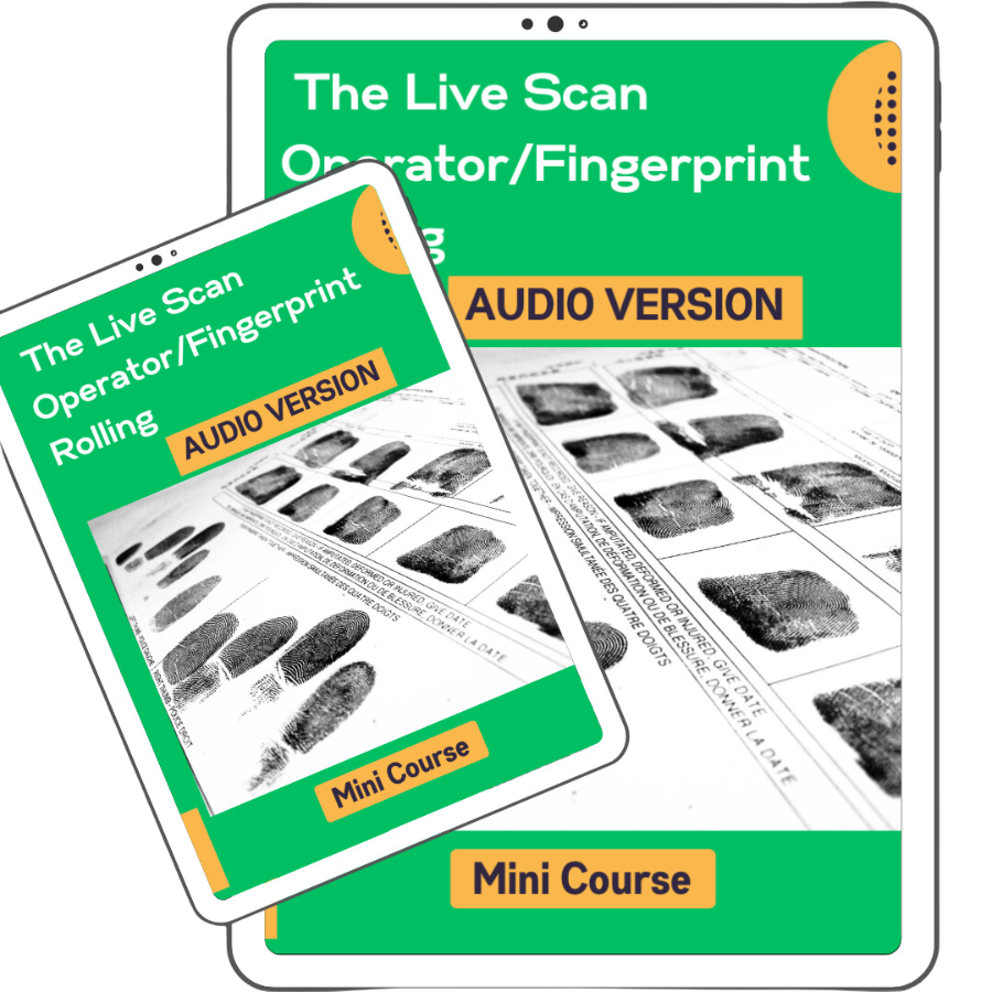Live Scan Fingerprinting Course cover for beginners learning fingerprint rolling and Live Scan operator basics.