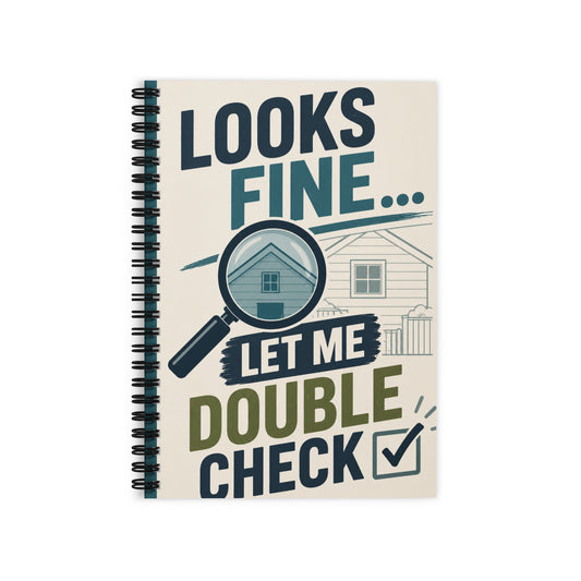 Looks Fine Let Me Double Check field inspector spiral notebook with funny inspection humor design for insurance field inspectors and contractors.