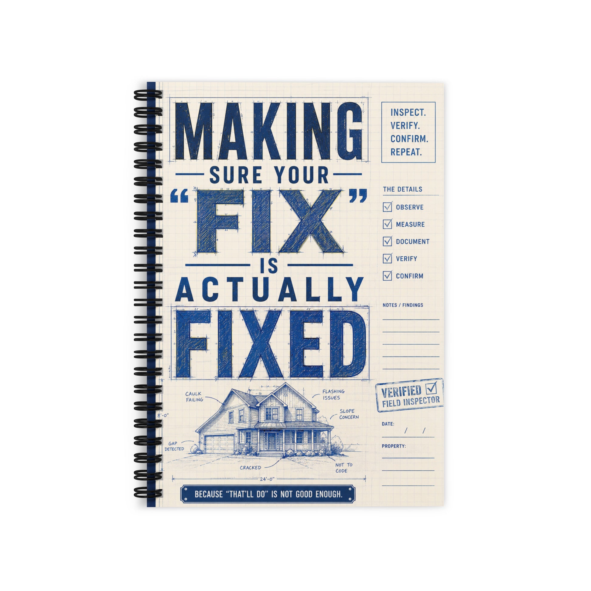 Making Sure Your Fix Is Actually Fixed field inspector spiral notebook with blueprint-inspired design for inspectors, contractors, and property professionals.
