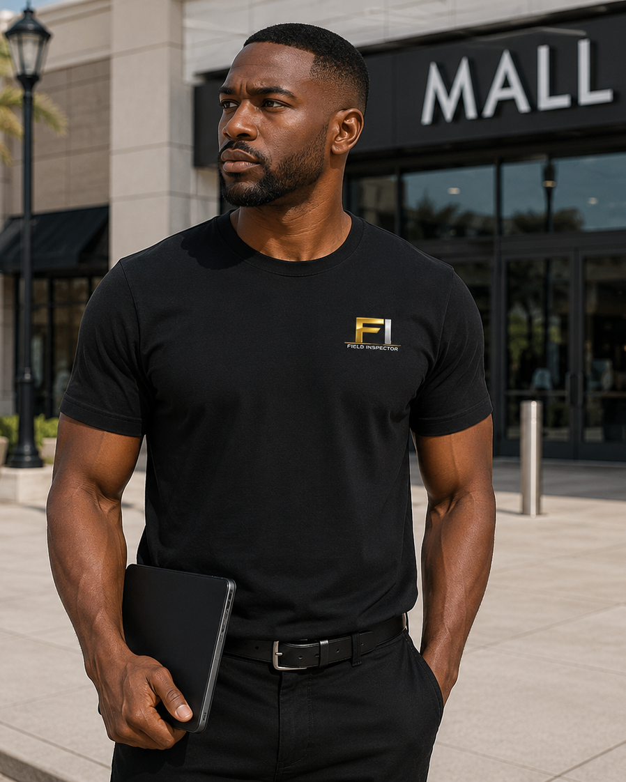 Male field inspector wearing black Unisex FI Field Inspector Bella + Canvas 3001 work shirt outdoors.