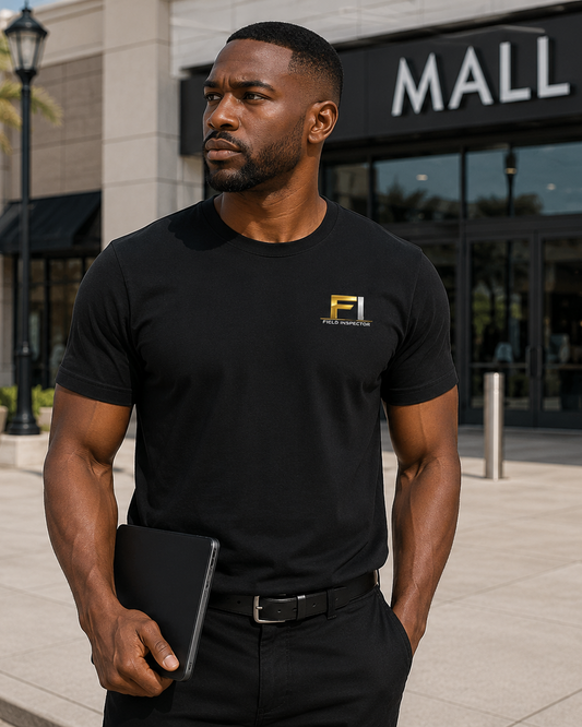 Male field inspector wearing black Unisex FI Field Inspector Bella + Canvas 3001 work shirt outdoors.