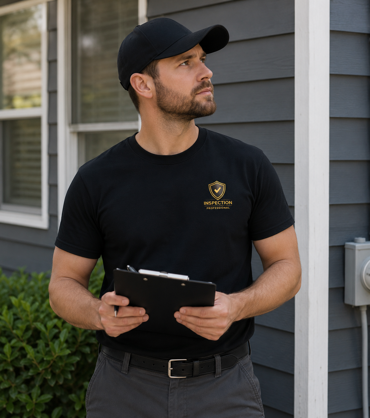 Male inspector wearing black Unisex Inspection Professional Bella + Canvas 3001 work t-shirt near property.