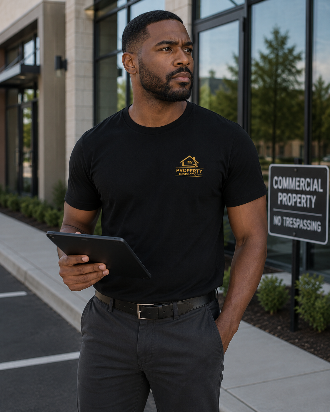 Male property inspector wearing black Unisex Property Inspector Bella + Canvas 3001 t-shirt near commercial property.
