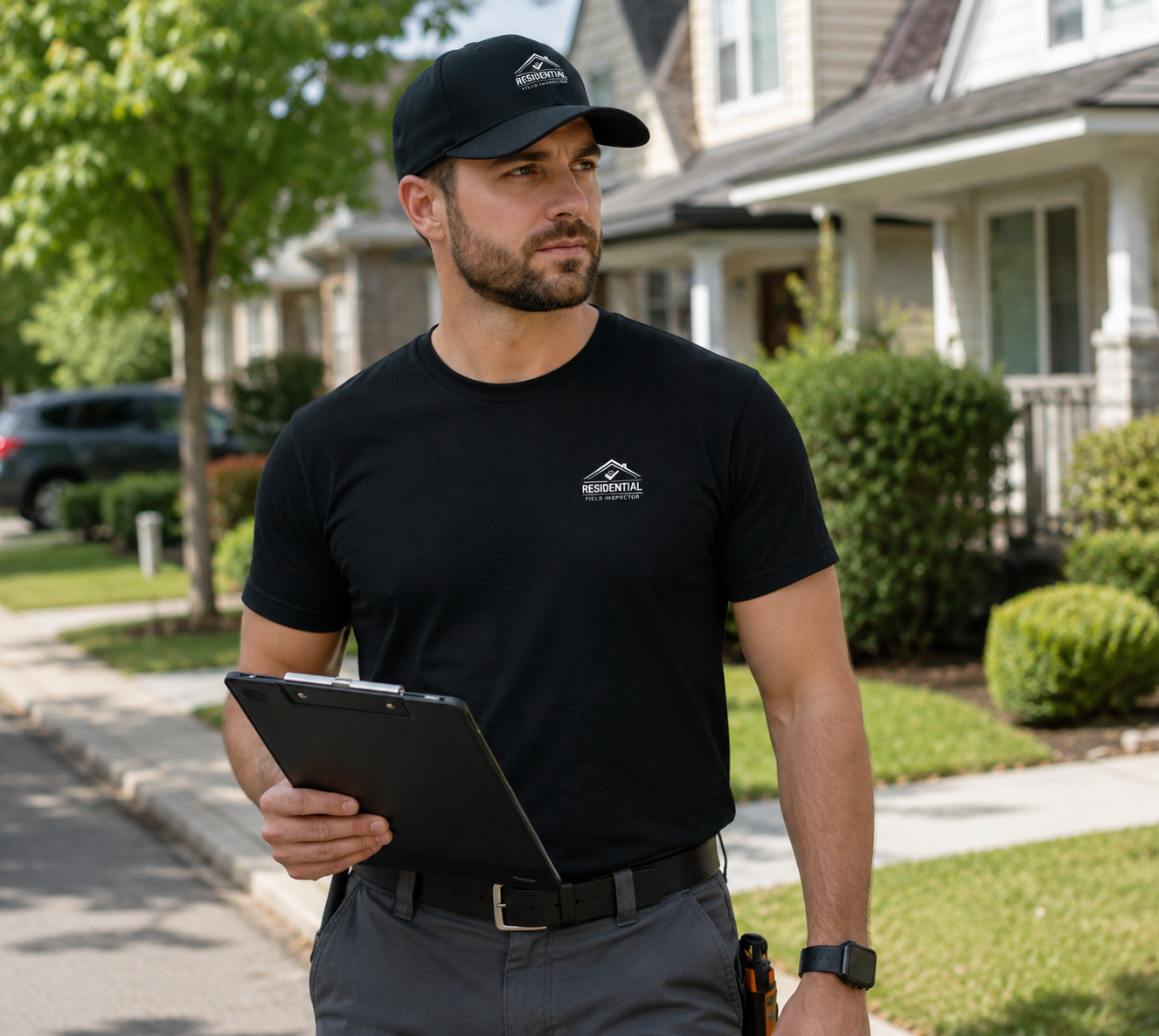 Male residential field inspector wearing black Unisex Residential Field Inspector Bella + Canvas 3001 work shirt.