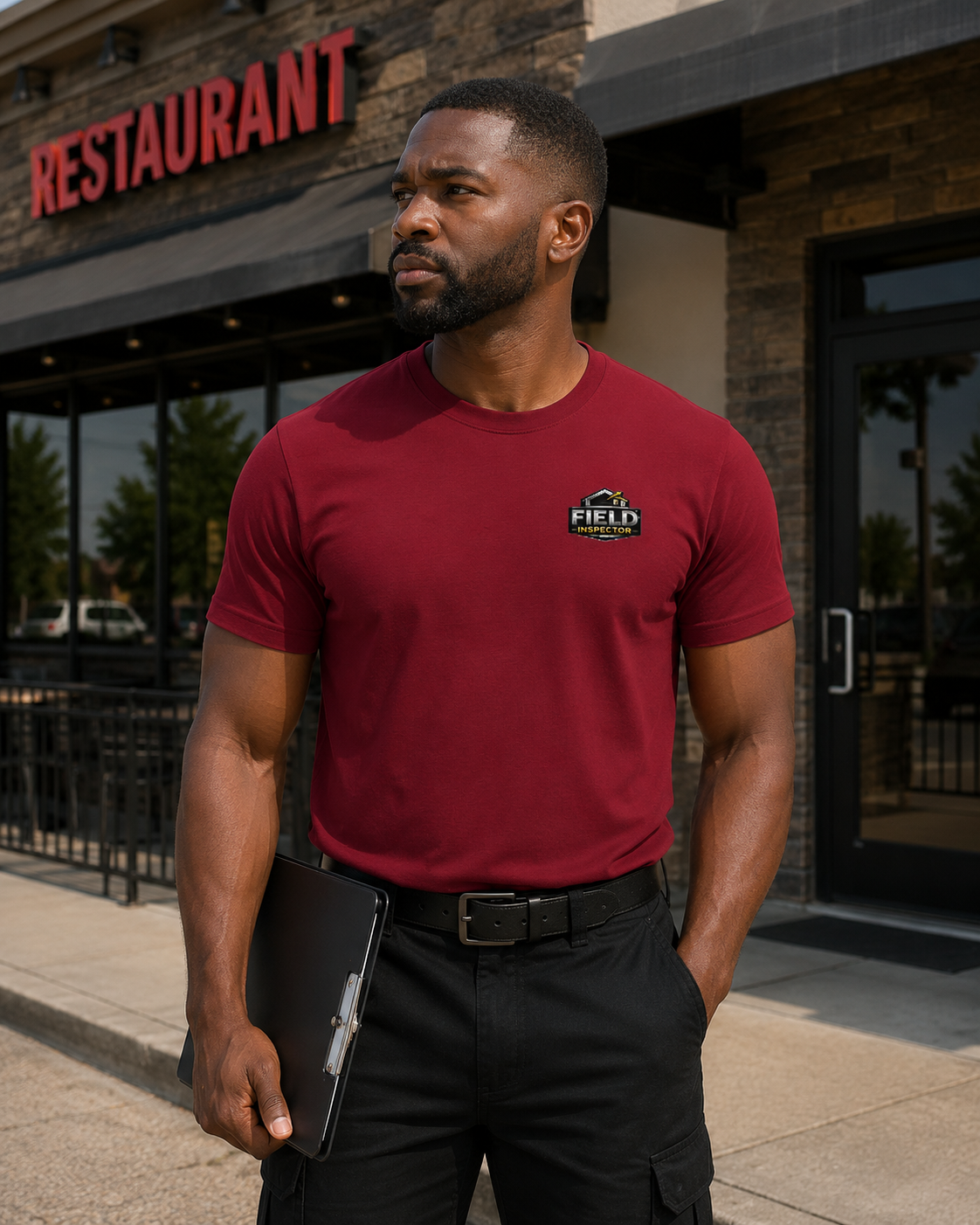 Male field inspector wearing cardinal Unisex Professional Field Inspector Tee Bella + Canvas 3001 work shirt outdoors.