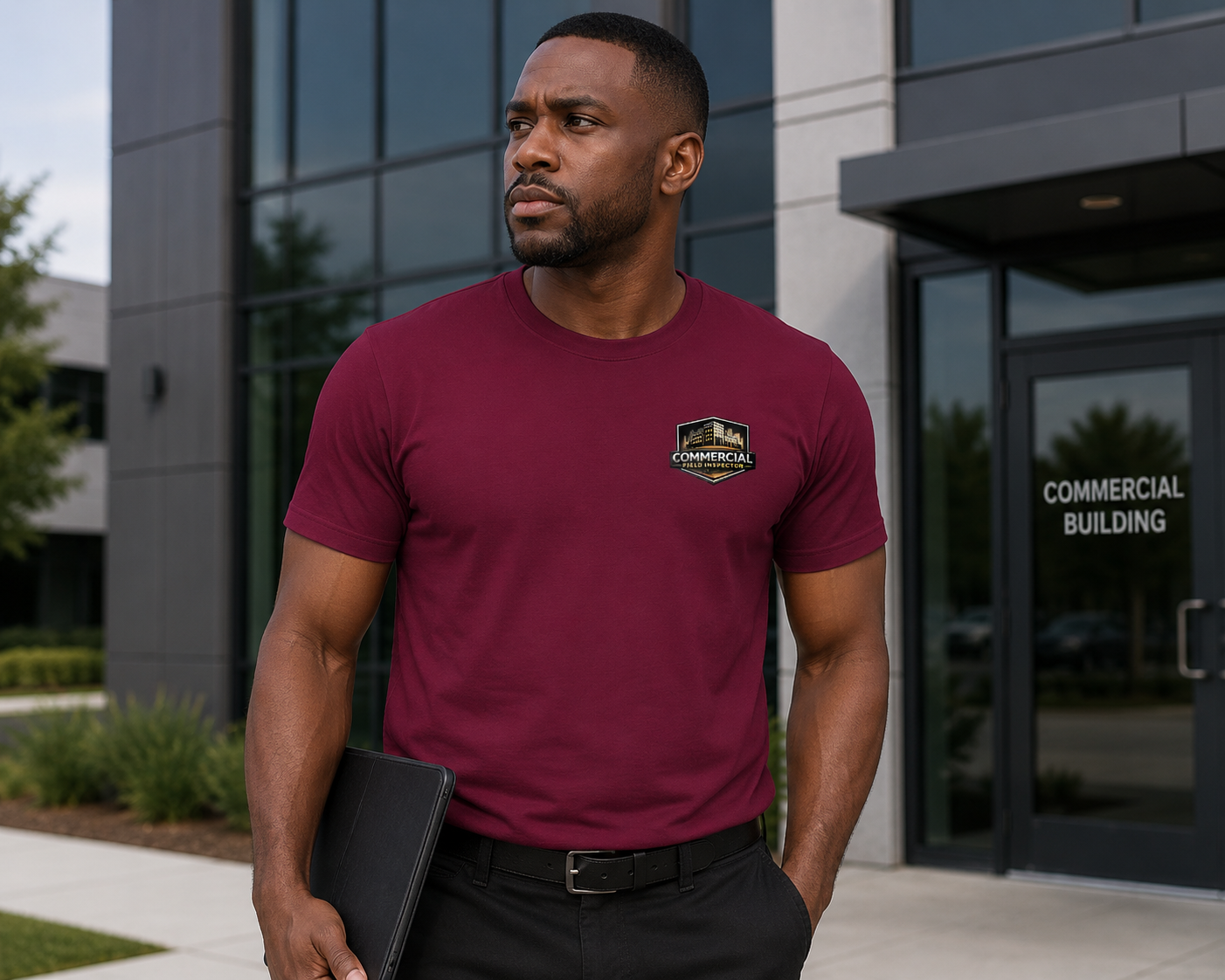 Male commercial field inspector wearing maroon Unisex Commercial Field Inspector Bella + Canvas 3001 work shirt outdoors.