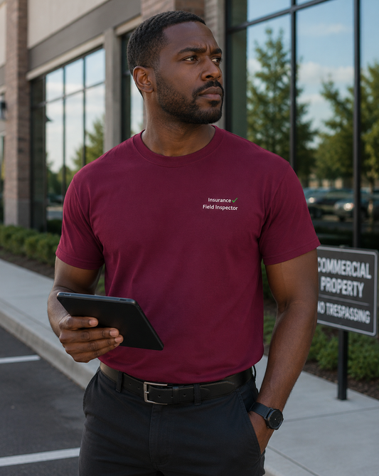 Male insurance field inspector wearing maroon Unisex Insurance Field Inspector Bella + Canvas 3001 work shirt outdoors.