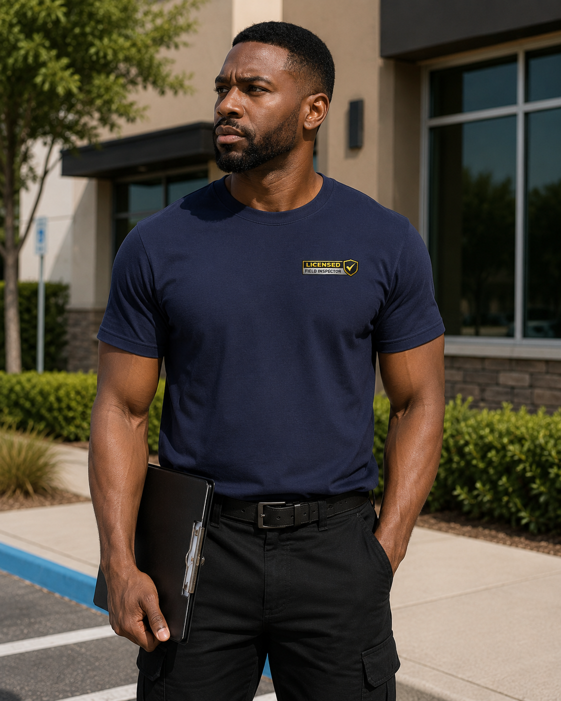 Male field inspector wearing navy Licensed Field Inspector Bella + Canvas 3001 work shirt outdoors.