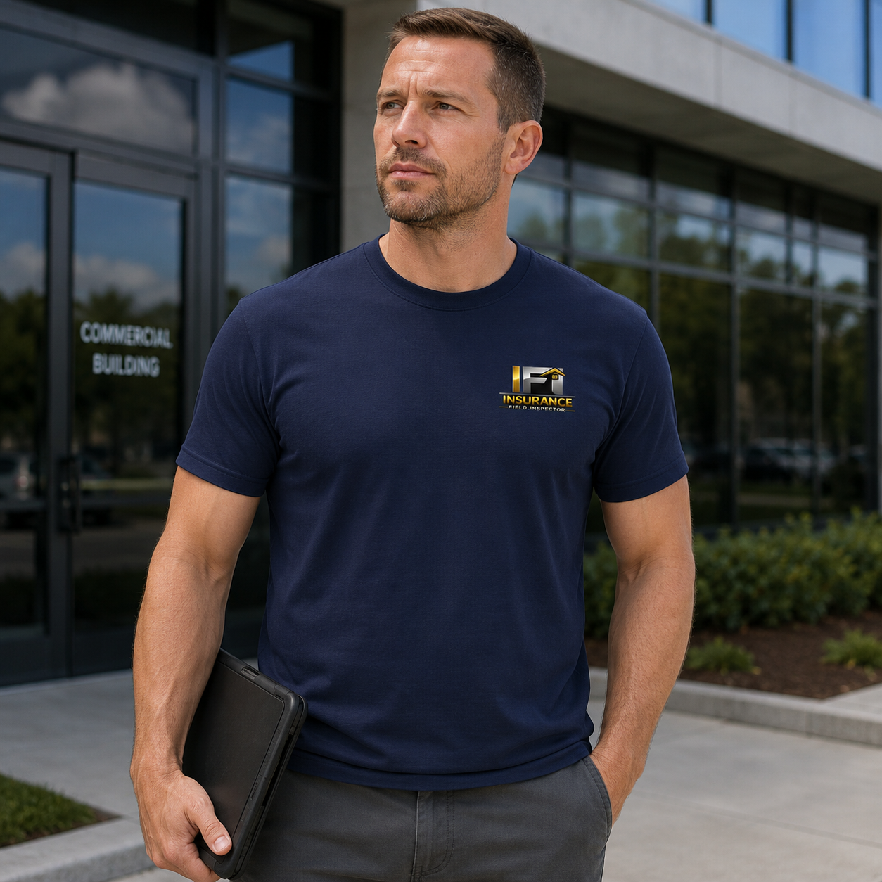 Male insurance field inspector wearing navy Unisex IFI Insurance Field Inspector Bella + Canvas 3001 work shirt outdoors.