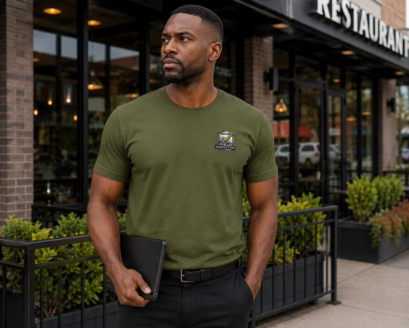 Male field inspector wearing olive Unisex Field Inspection Work Tee Bella + Canvas 3001 work shirt outdoors.