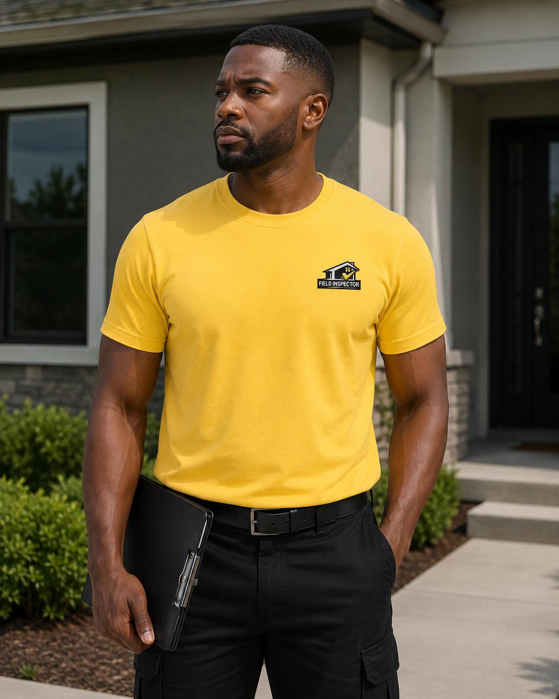 Male field inspector wearing yellow Unisex Field Inspector Checkmark Tee Bella + Canvas 3001 work shirt outdoors.