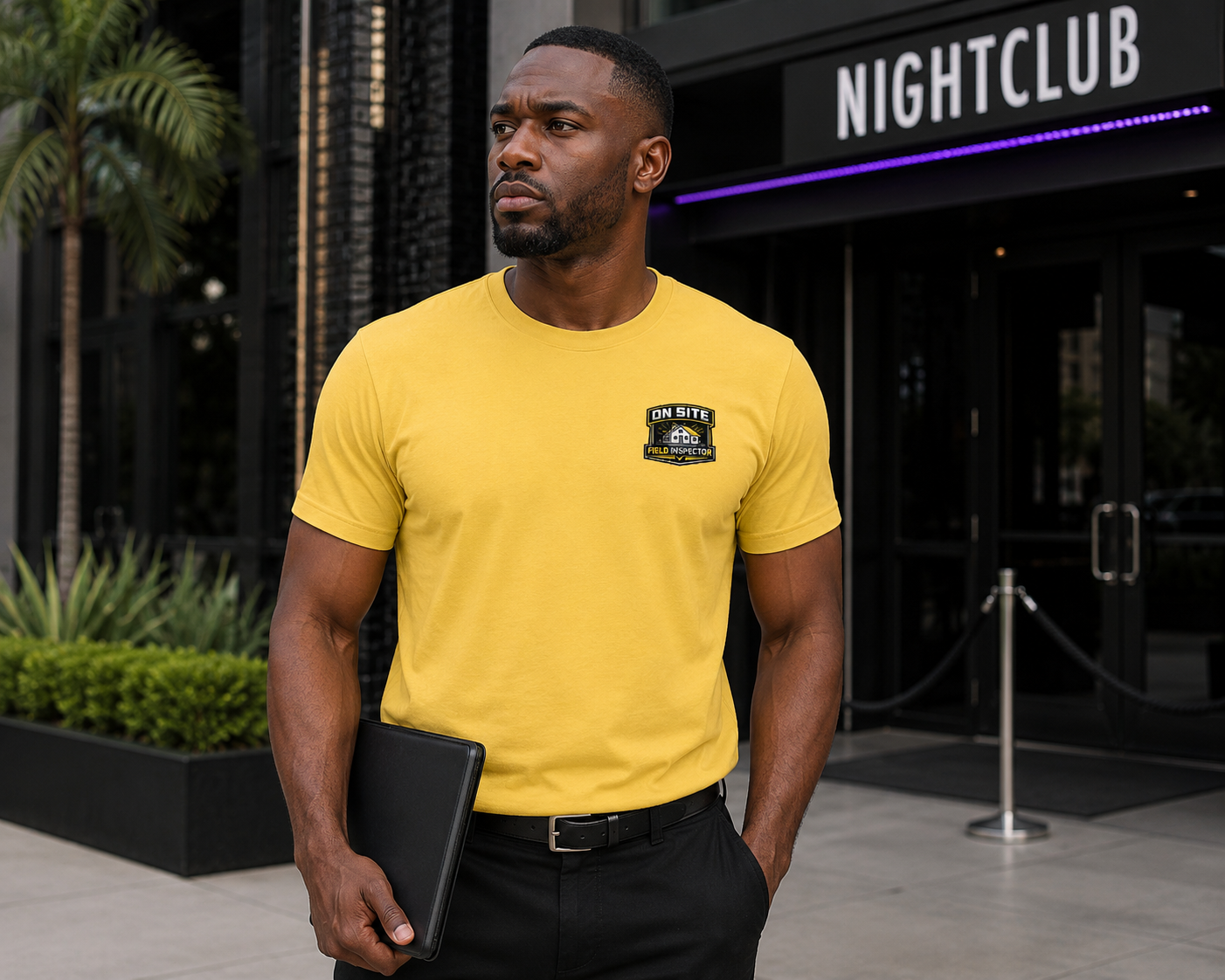 Male field inspector wearing yellow Unisex On Site Field Inspector Bella + Canvas 3001 work shirt outdoors.