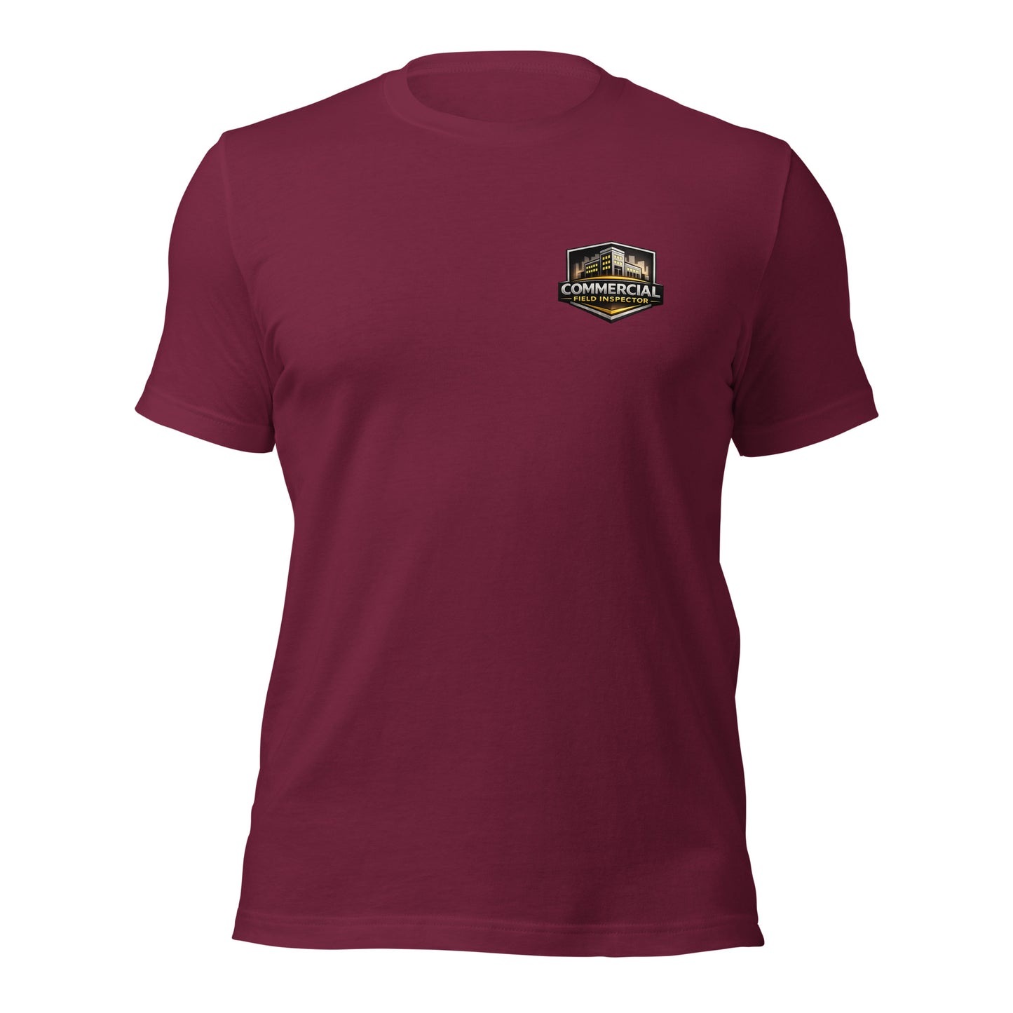 Maroon Unisex Commercial Field Inspector Bella + Canvas 3001 shirt laying flat with commercial field inspector logo.