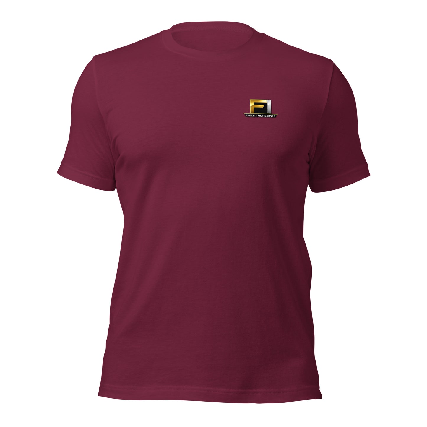 Maroon Unisex FI Field Inspector Bella + Canvas 3001 shirt laying flat with FI field inspector logo.