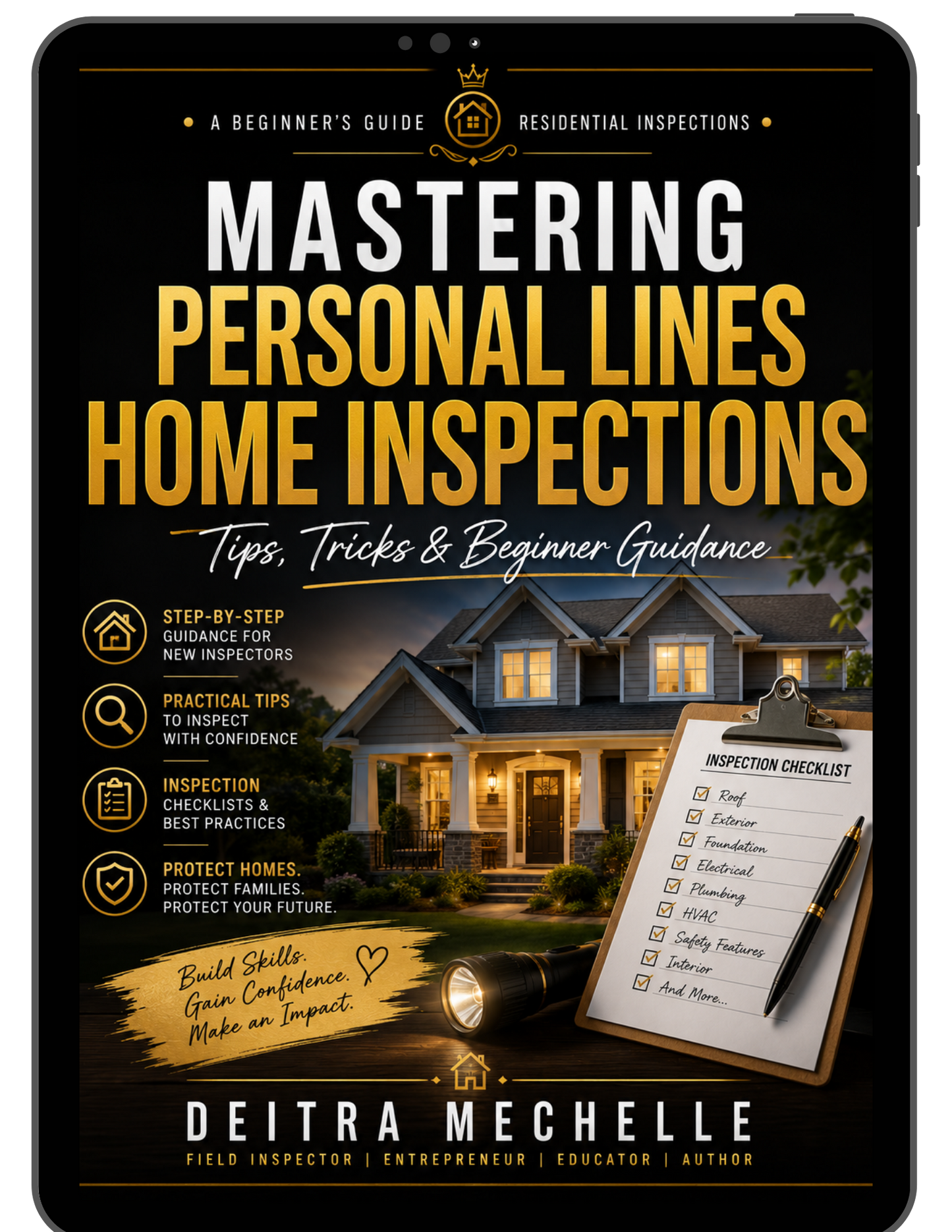 Beginner-friendly ebook cover for mastering personal lines home inspections with residential home and inspection checklist.