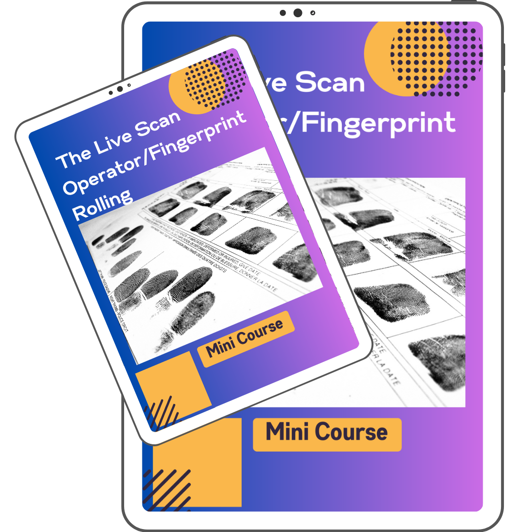 mobile Live Scan Fingerprinting Mini Course PDF cover for beginners learning fingerprint rolling and operator basics.