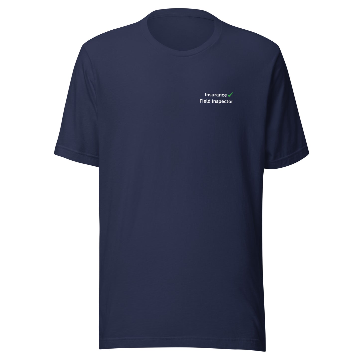 Navy Unisex Insurance Field Inspector Bella + Canvas 3001 shirt laying flat with insurance inspector logo and green checkmark.