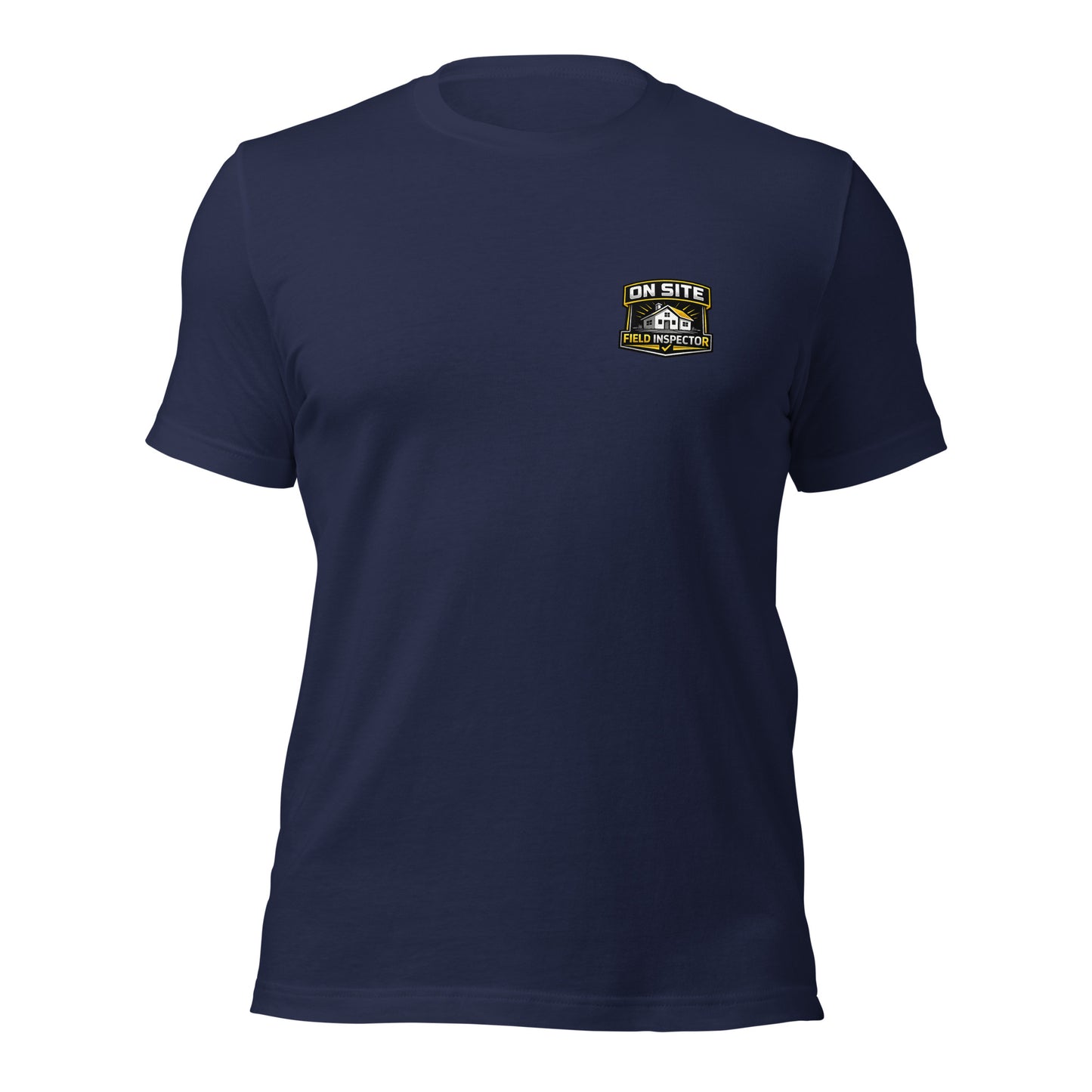 Navy Unisex On Site Field Inspector Bella + Canvas 3001 shirt laying flat with professional inspector logo.
