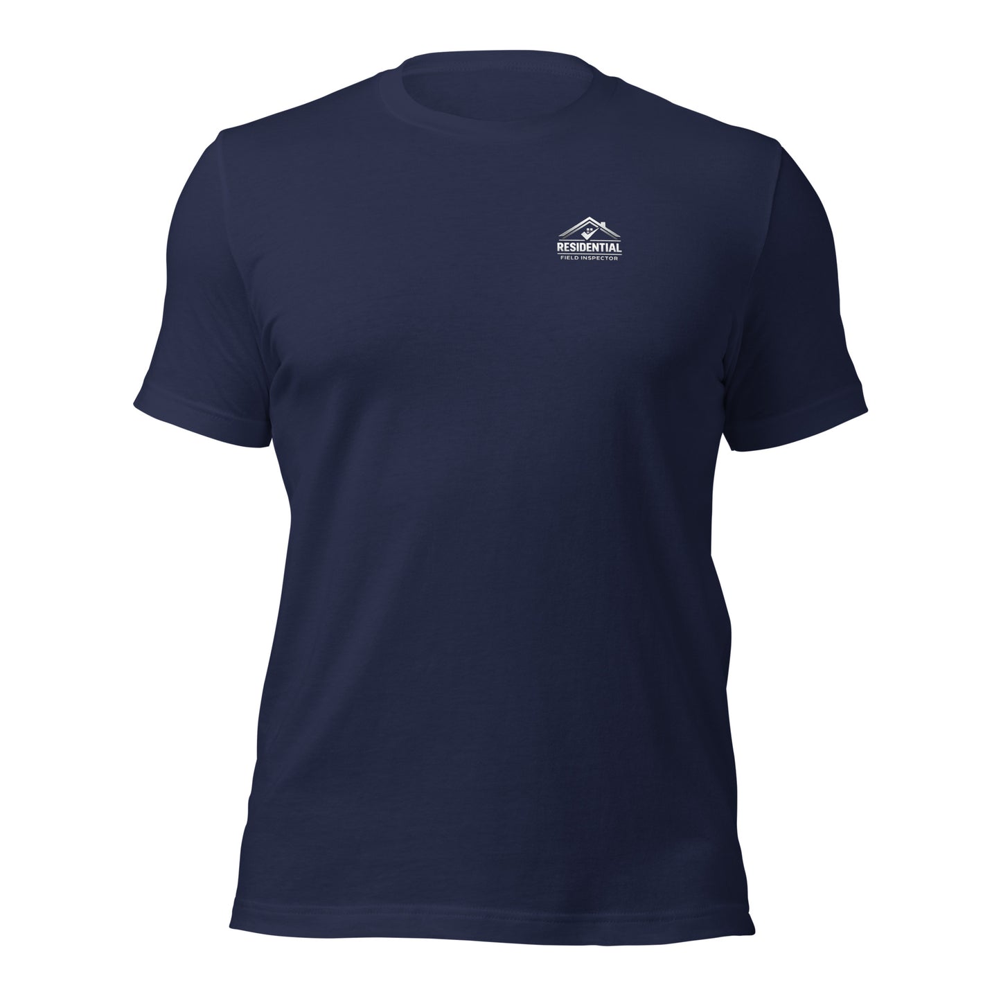 Navy Unisex Residential Field Inspector Bella + Canvas 3001 shirt laying flat with residential inspector logo.
