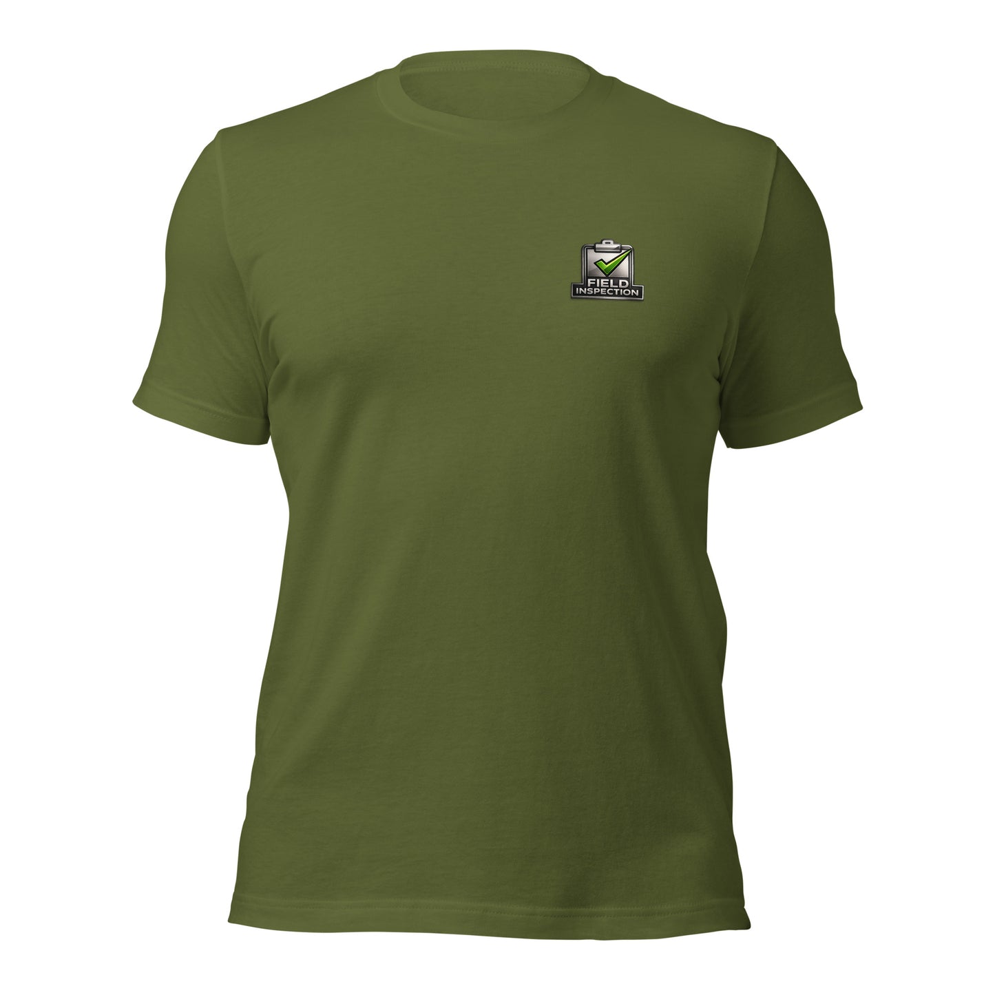 Olive Unisex Field Inspection Work Tee Bella + Canvas 3001 shirt laying flat with field inspector logo.