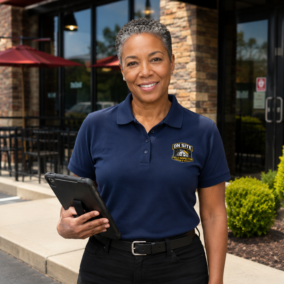 Professional field inspector wearing the On Site Field Inspector Unisex Pique Polo Shirt while standing outside a commercial restaurant during an on-site property inspection.