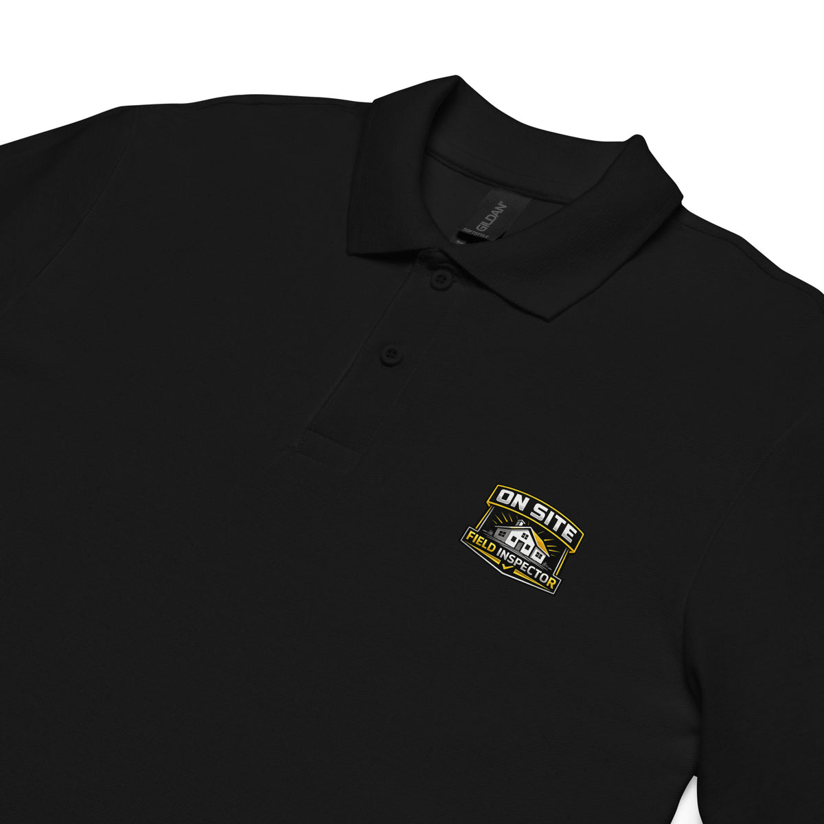 Close-up of the premium DTFLEX printed On Site Field Inspector logo on the Unisex Pique Polo Shirt, highlighting the sharp print quality and professional finish.