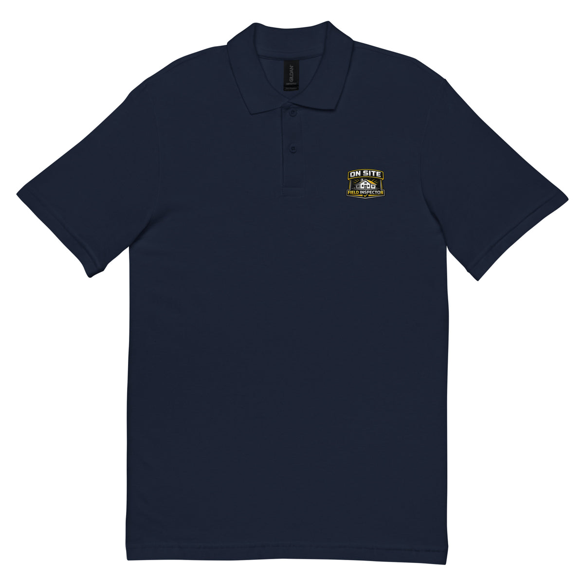 Front view of the navy On Site Field Inspector Unisex Pique Polo Shirt with a premium DTFLEX printed On Site Field Inspector logo.