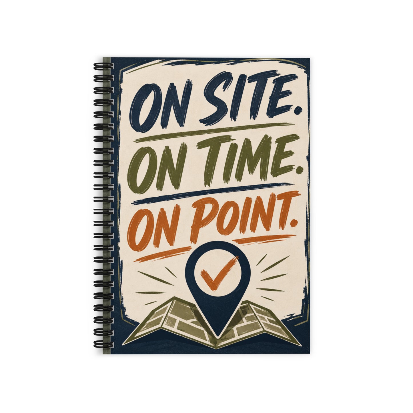On Site On Time On Point field inspector spiral notebook featuring a professional inspection-themed design for field inspectors and contractors.