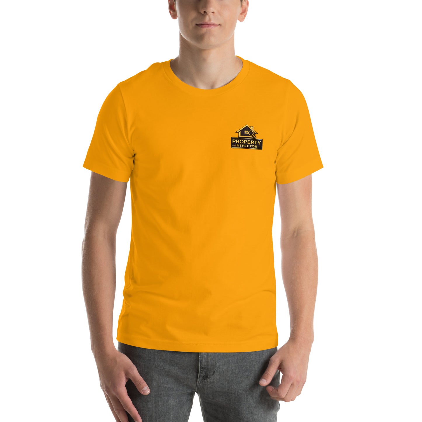 Property inspector standing outdoors wearing gold Unisex Property Inspector Bella + Canvas 3001 work shirt.