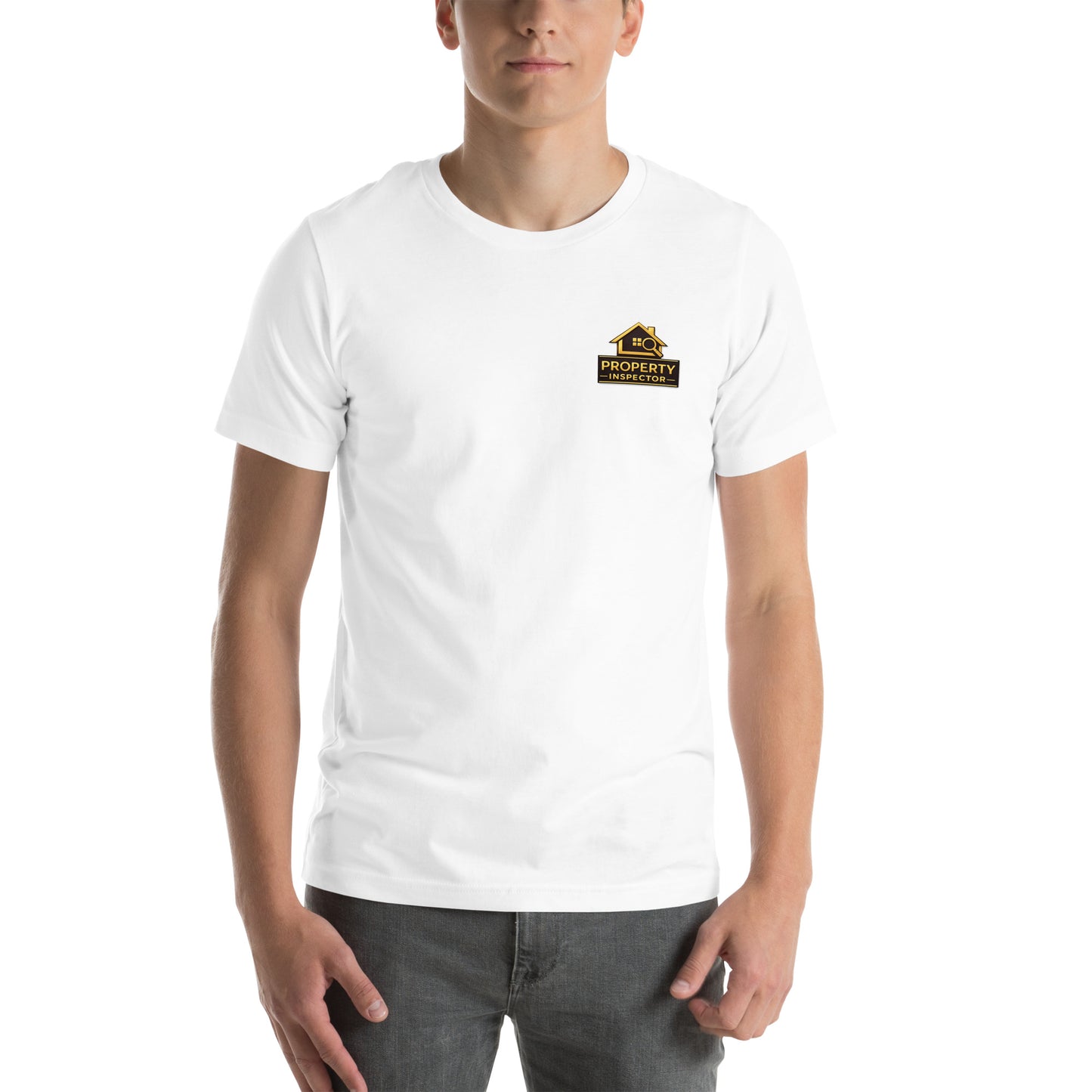Property inspector standing outdoors wearing white Unisex Property Inspector Bella + Canvas 3001 t-shirt.