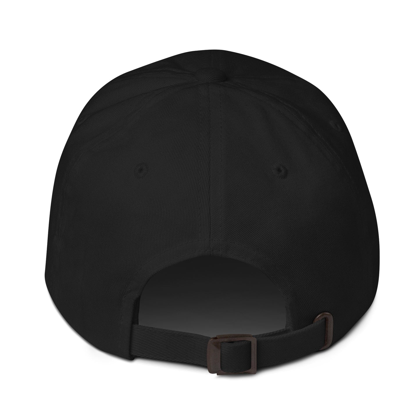 Back view of black Professional Field Inspector dad hat with adjustable strap and antique buckle closure