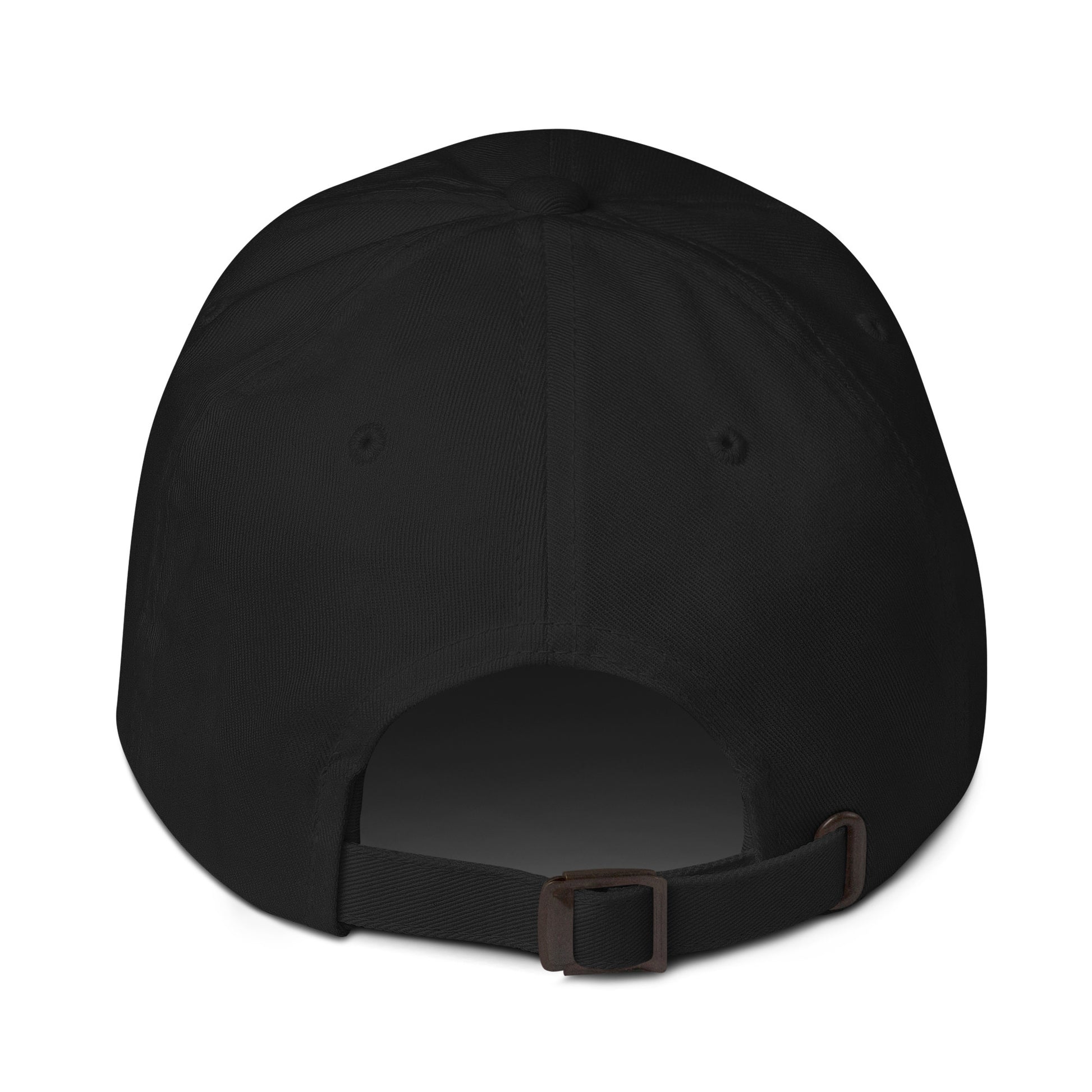 Back view of black Professional Field Inspector dad hat with adjustable strap and antique buckle closure