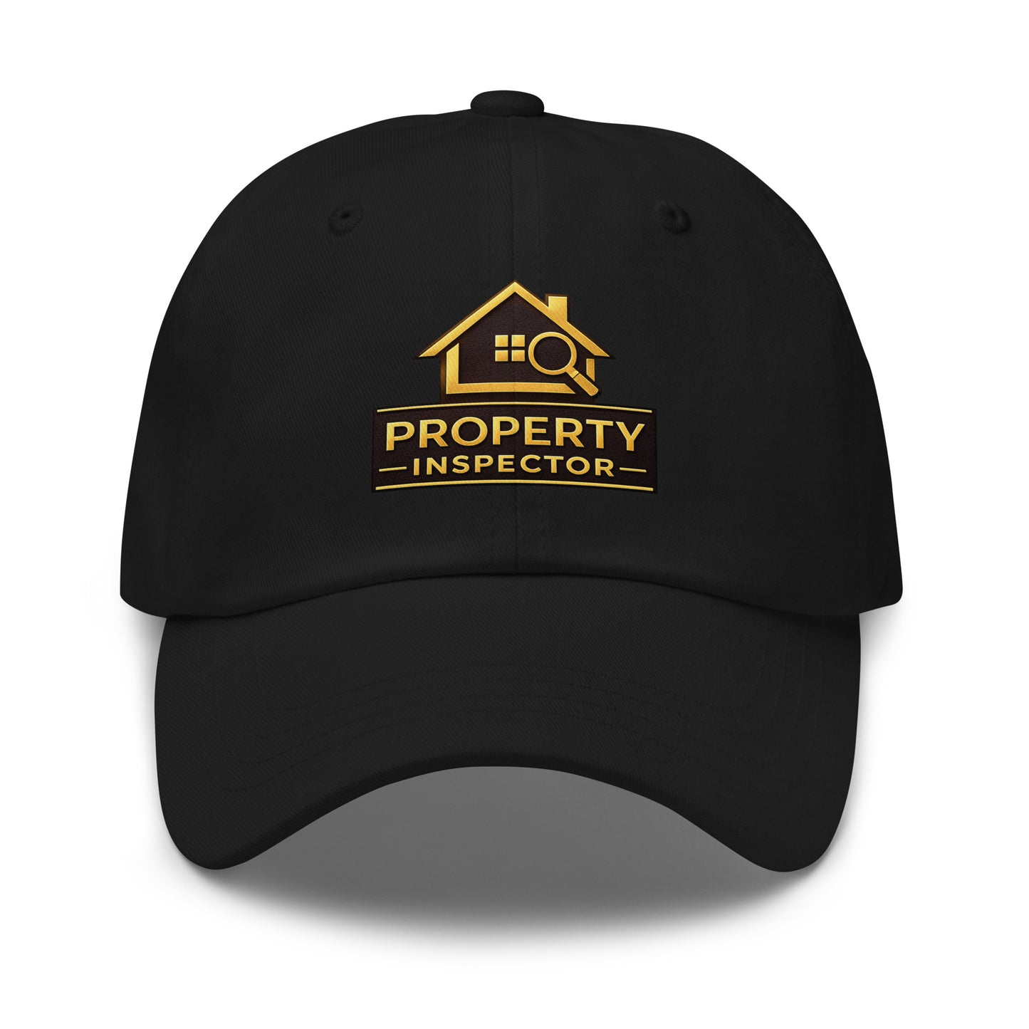 Front view of black embroidered Property Inspector dad hat with curved visor and adjustable fit