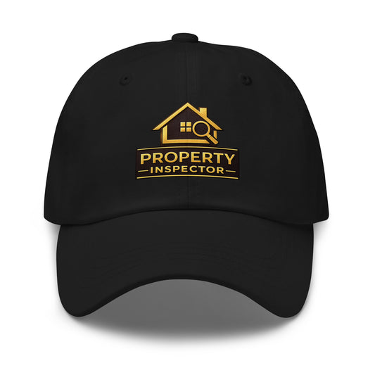 Front view of black embroidered Property Inspector dad hat with curved visor and adjustable fit