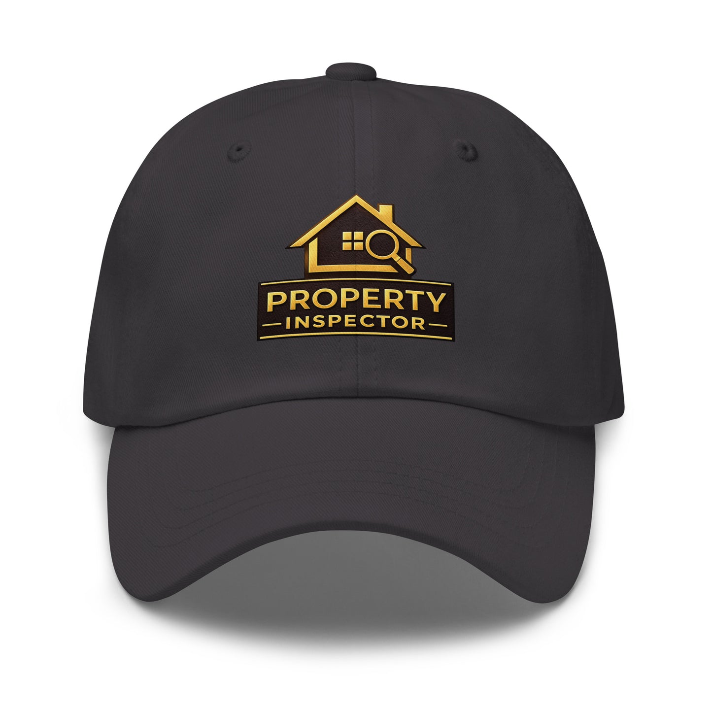 Front view of dark grey embroidered Property Inspector dad hat with curved visor and professional design