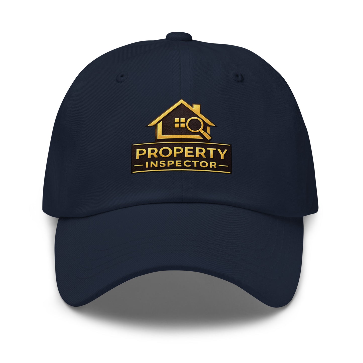 Front view of navy embroidered Property Inspector dad hat with curved visor and adjustable strap
