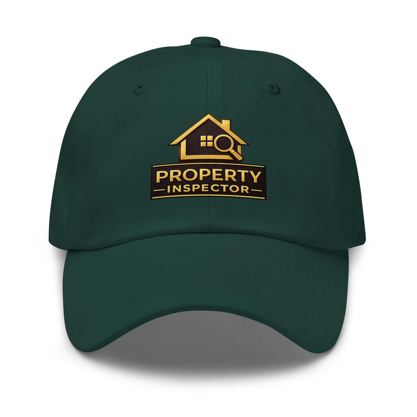 Front view of spruce embroidered Property Inspector dad hat with curved visor and low-profile design