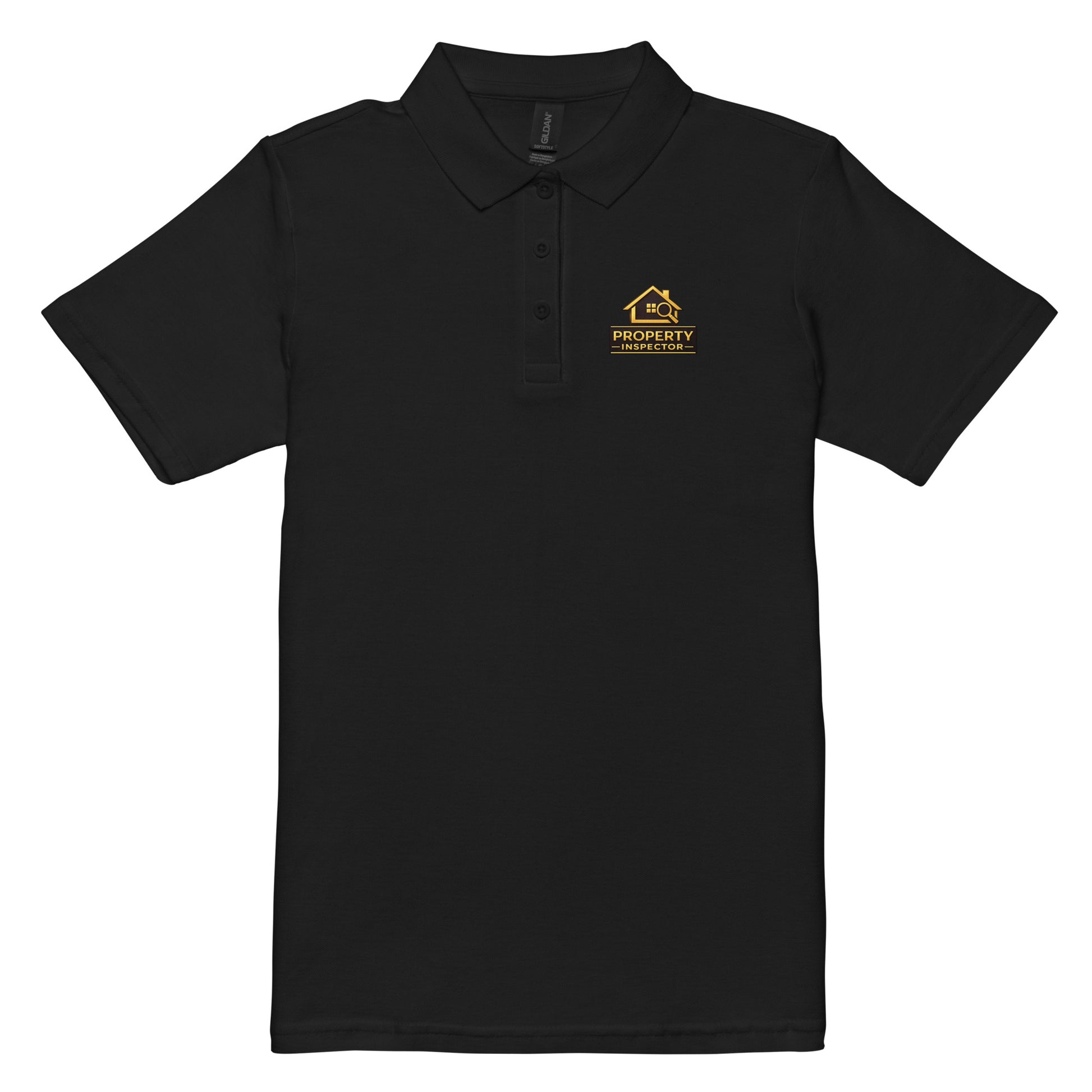 Women’s black Property Inspector polo shirt with professional left chest logo shown in flat lay view.