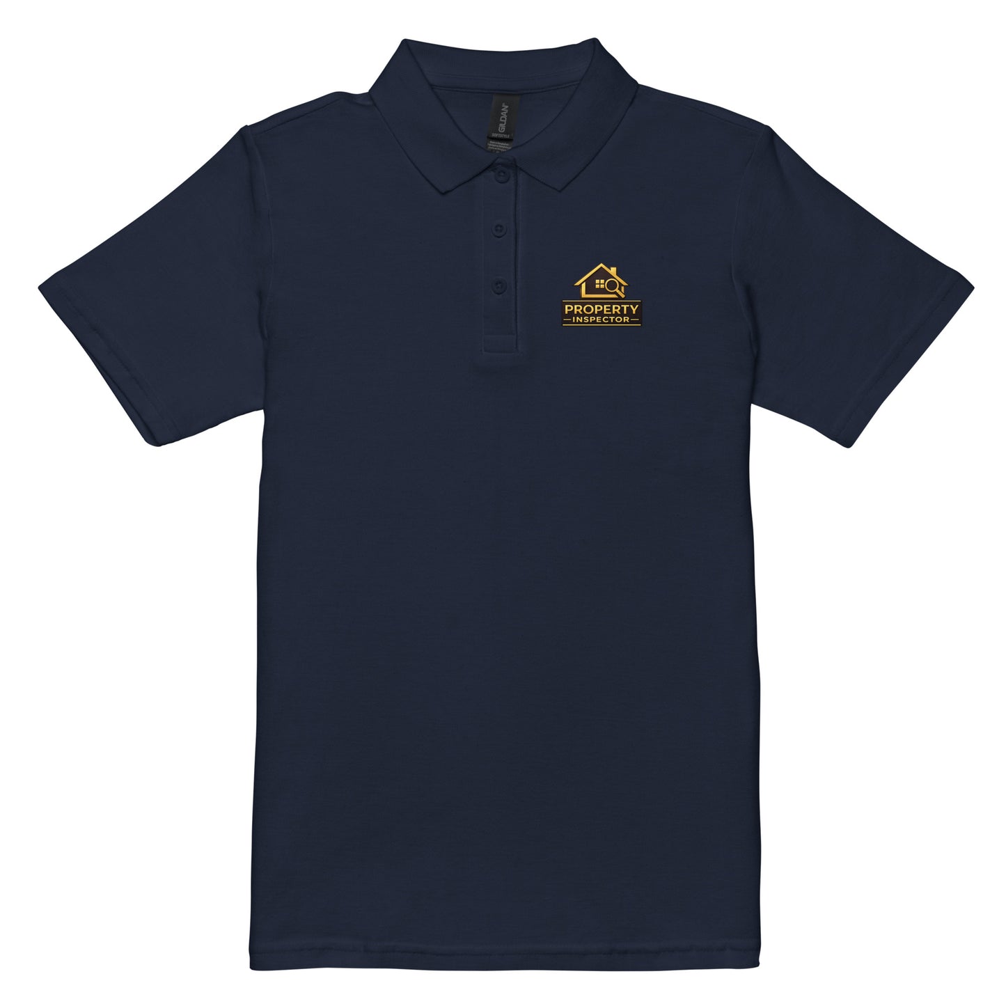 Women’s navy Property Inspector polo shirt with professional left chest logo displayed flat.