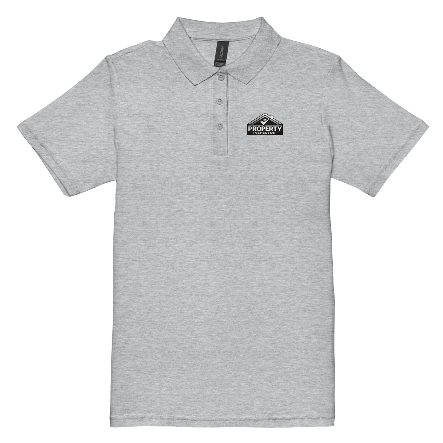 Women’s sport grey Property Inspector polo shirt with professional left chest logo shown in flat lay view.