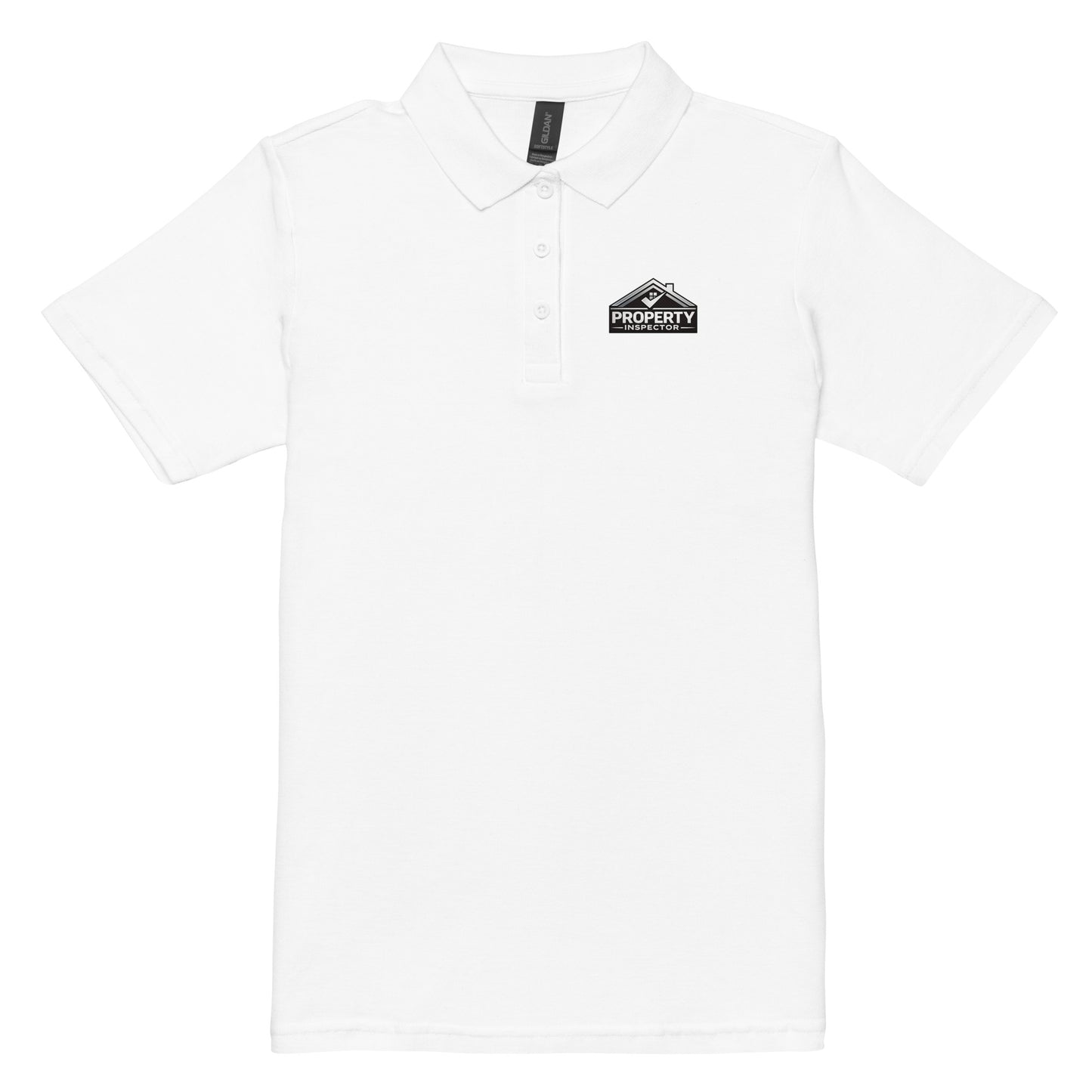 Women’s white Property Inspector polo shirt with professional left chest logo displayed flat.