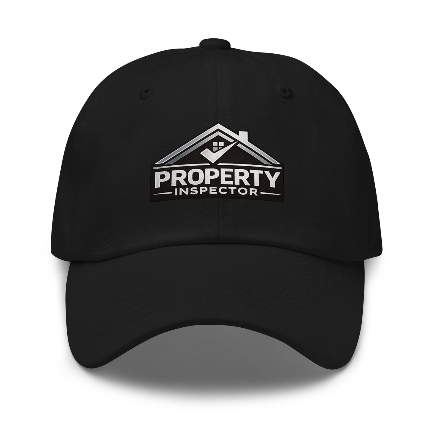 Front view of black Silver Property Inspector dad hat with silver logo and curved visor