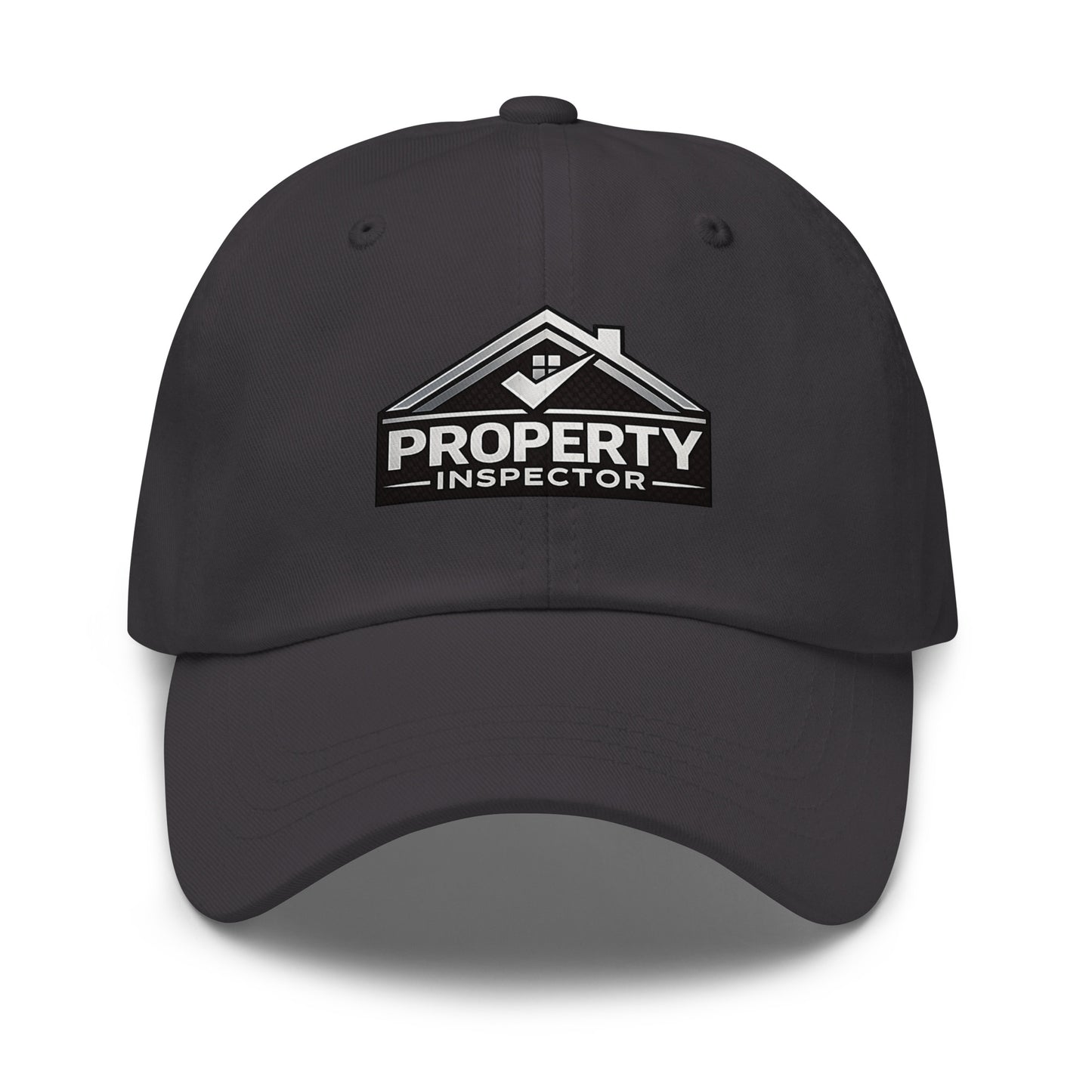 Front view of dark grey Silver Property Inspector dad hat featuring silver property inspector design
