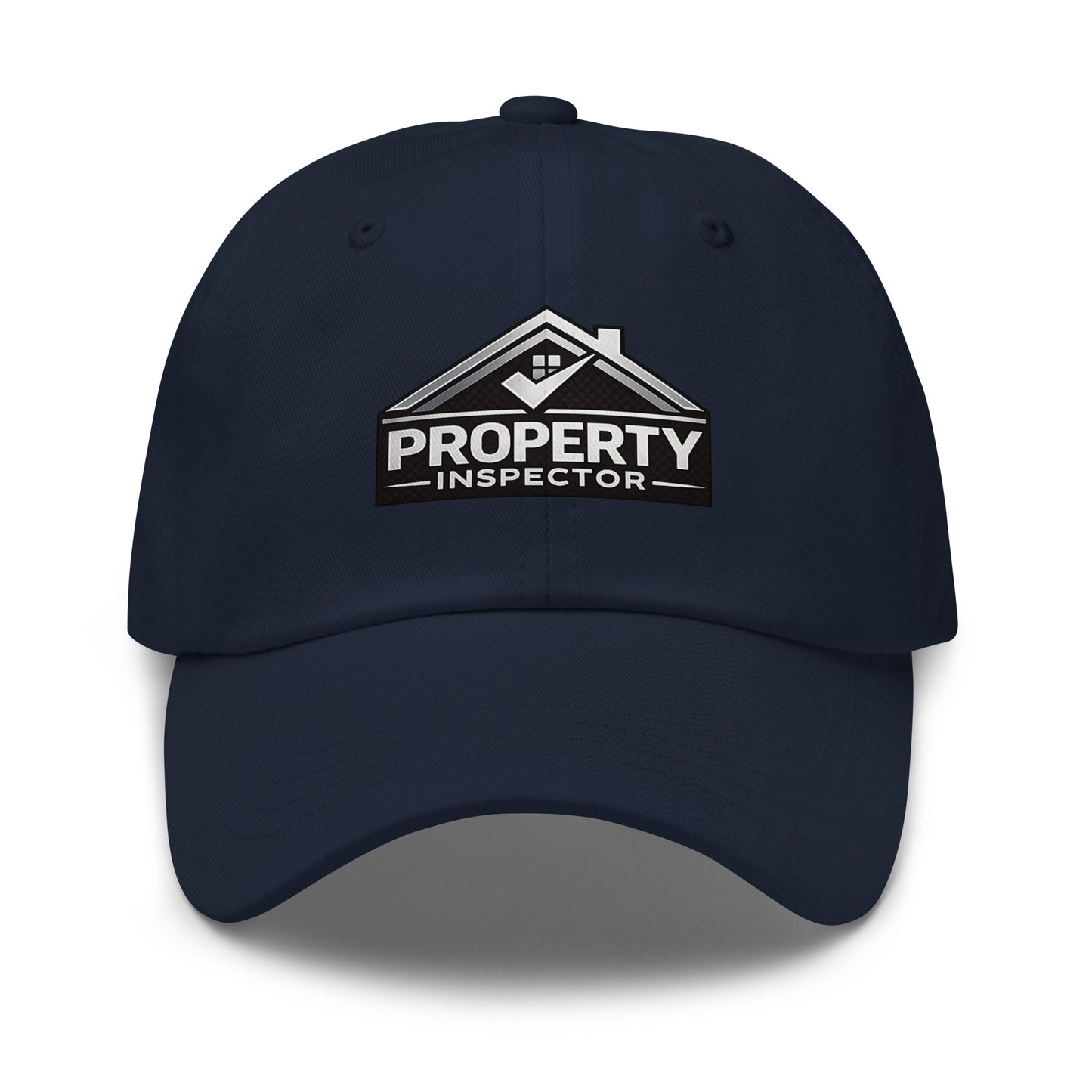 Front view of navy Silver Property Inspector dad hat with silver logo and adjustable fit
