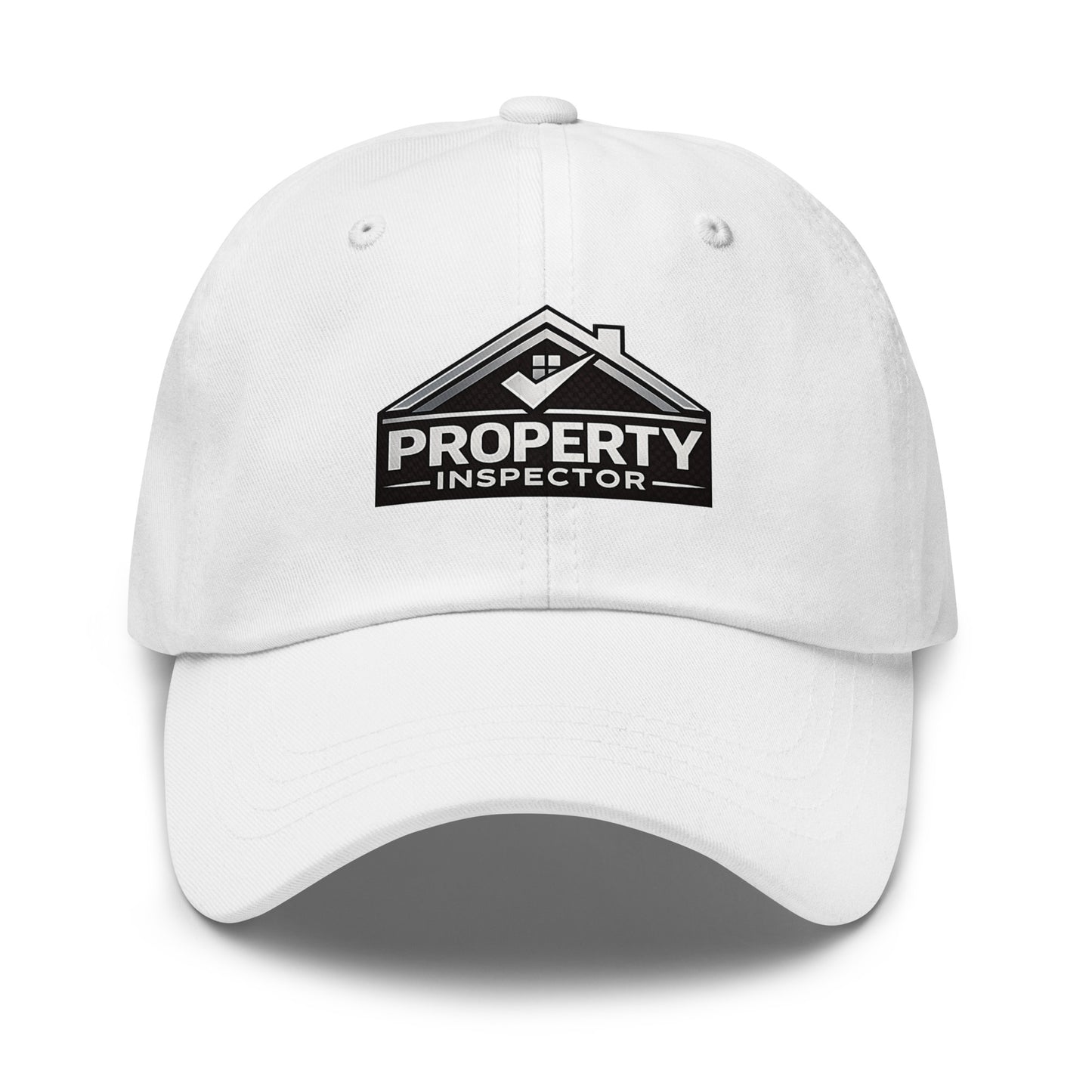 Front view of white Silver Property Inspector dad hat with silver printed design and curved visor