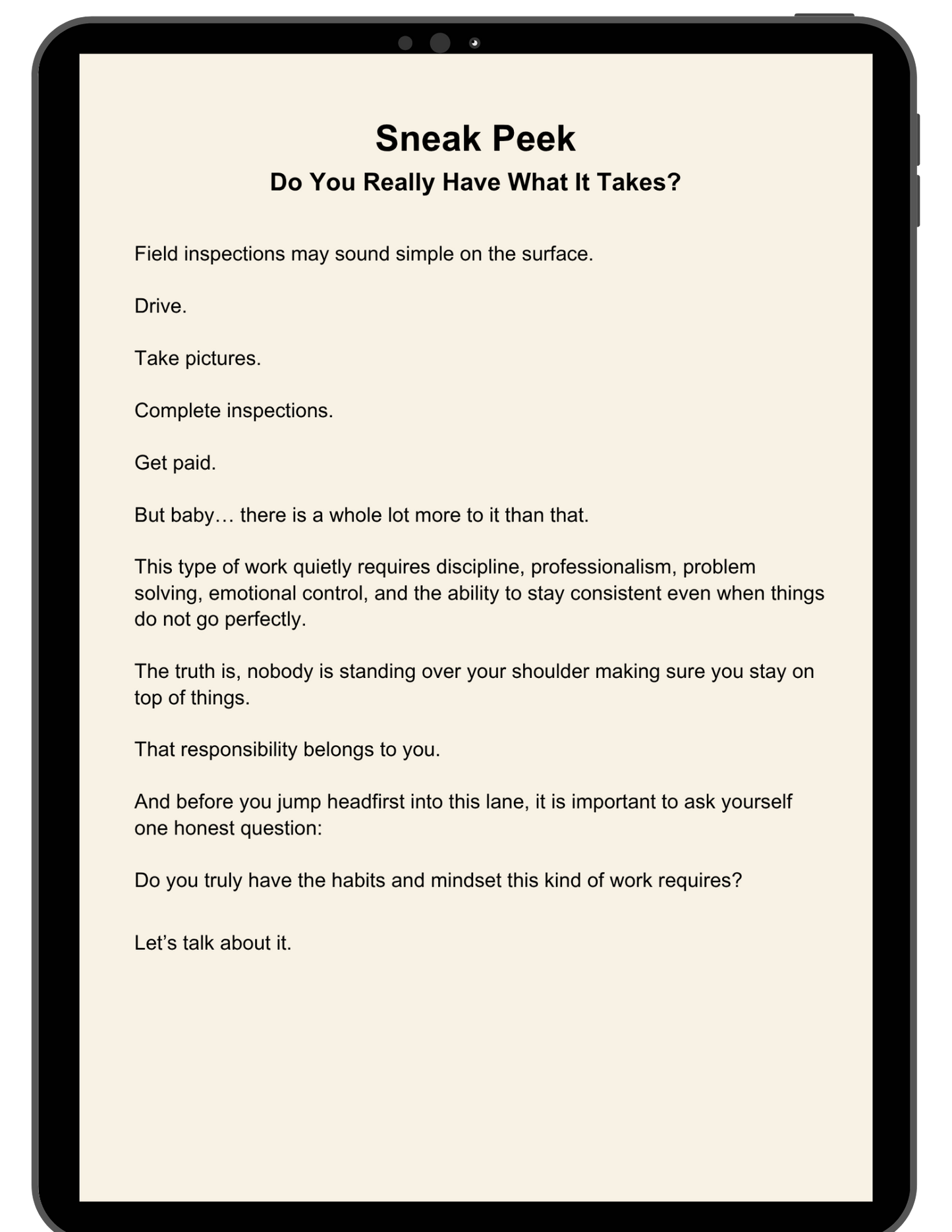 Sneak peek page for Skills You Need to Succeed as a Field Inspector by Deitra Mechelle introducing the habits and mindset needed for success in field inspections