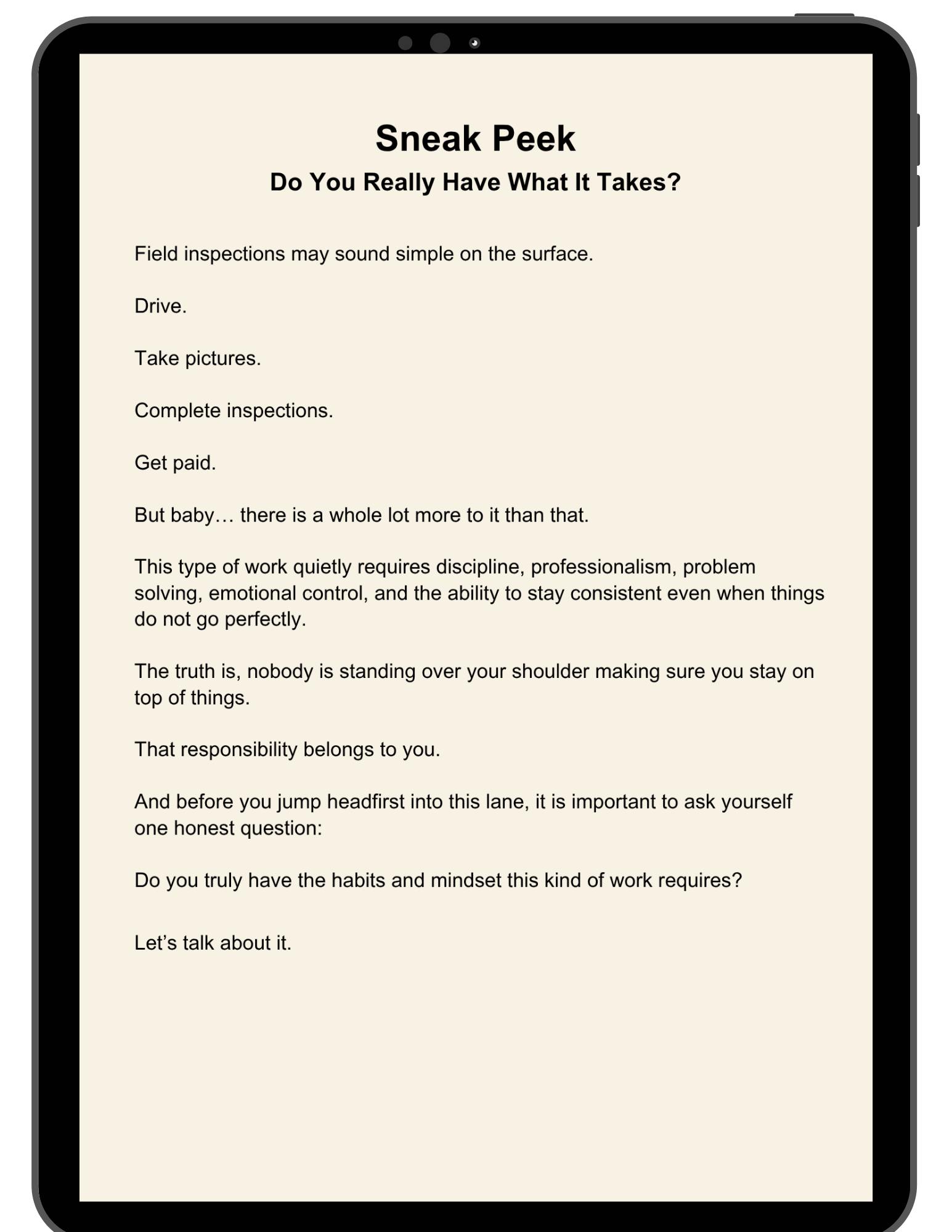 Sneak peek page for Skills You Need to Succeed as a Field Inspector by Deitra Mechelle introducing the habits and mindset needed for success in field inspections