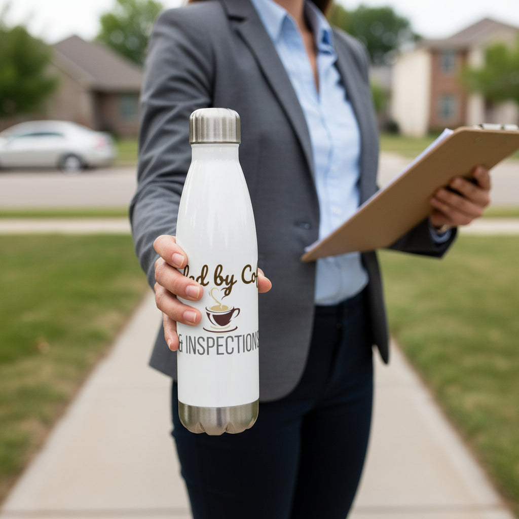 Person holding white stainless steel water bottle with inspector-themed quote.